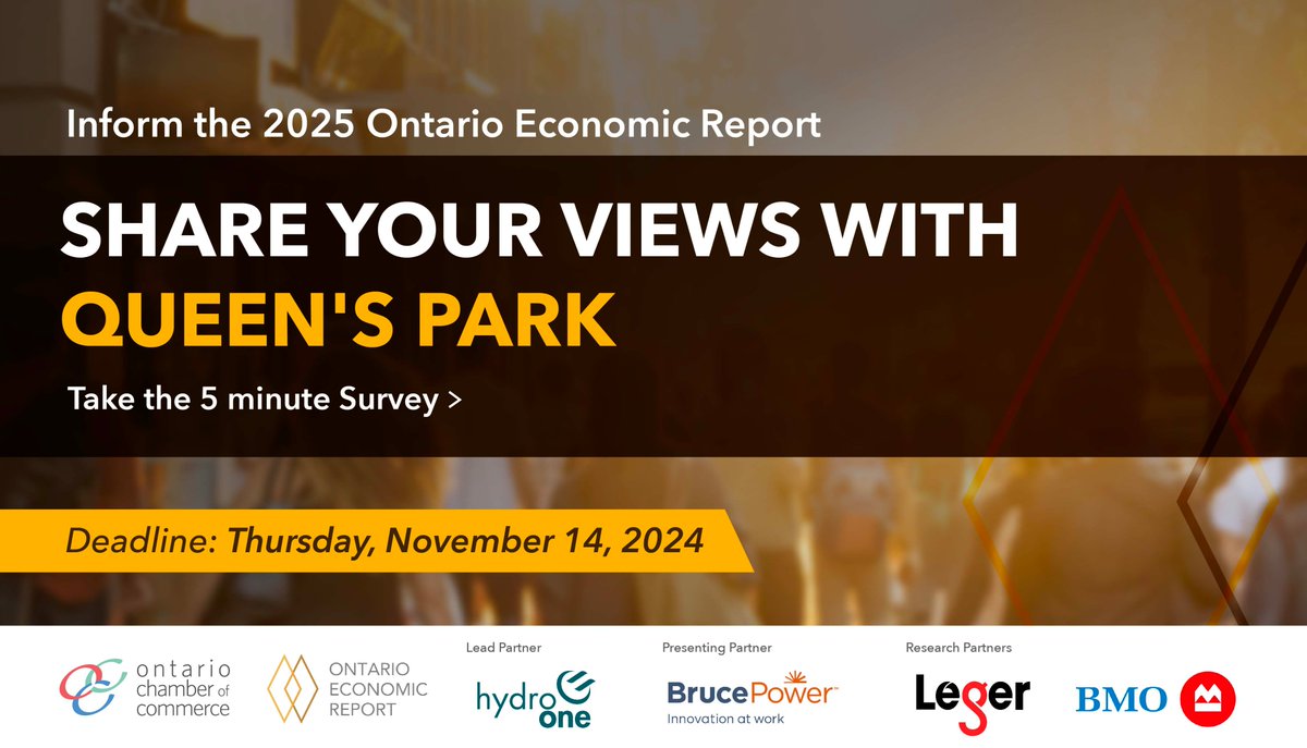 Ontario Chamber (@ontariocofc) on Twitter photo HAVE YOUR VOICE HEARD WITHIN QUEEN’S PARK! 📢📢
The <a href="/OntarioCofC/">Ontario Chamber</a> wants to hear from you! Help feed into our 2025 Business Confidence Survey by completing this short, confidential survey:
tinyurl.com/OCC-OER25
#OER2025 #ONBiz HAVE YOUR VOICE HEARD WITHIN QUEEN’S PARK! 📢📢
The <a href="/OntarioCofC/">Ontario Chamber</a> wants to hear from you! Help feed into our 2025 Business Confidence Survey by completing this short, confidential survey:
tinyurl.com/OCC-OER25
#OER2025 #ONBiz