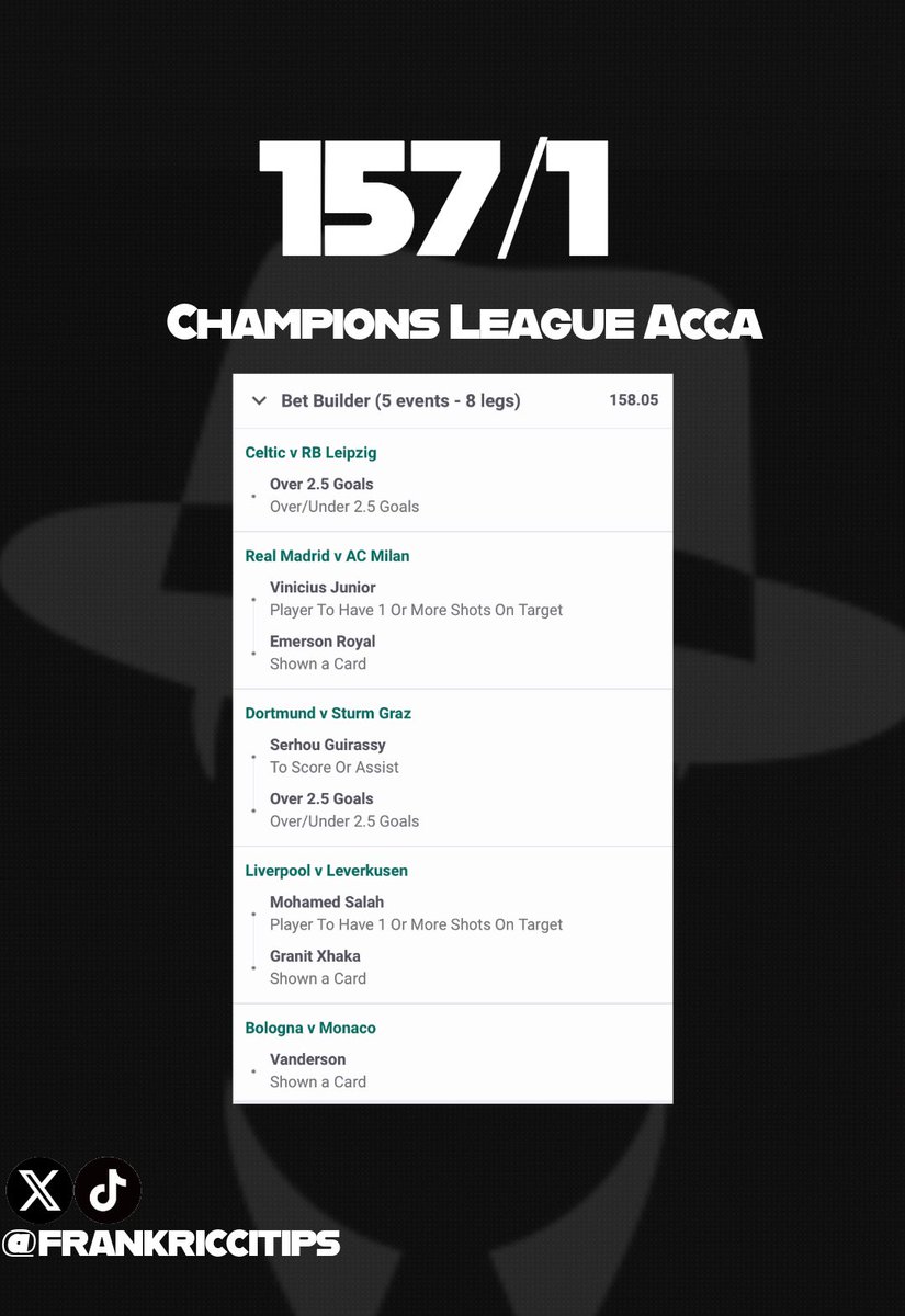 FrankRicciTips's tweet photo. 🏆157/1 Champions League ACCA 

£5 Returns £803,35💰
£10 Returns £1,606.70🔥💰

New To Paddypower? Earn Yourself some free Bets On Us! ℹ️ Down Below! 

LIKE ❤️ IF YOUR ON THIS! LETS GOOO!