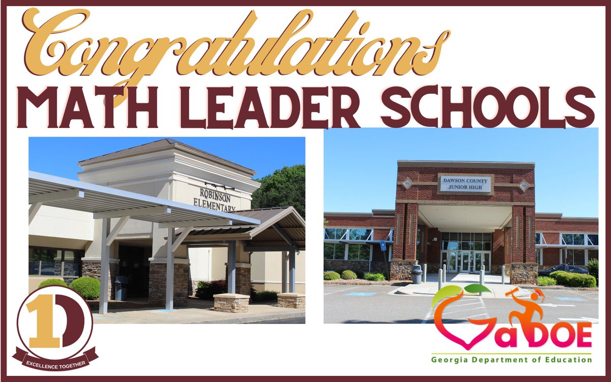 Congratulations to <a href="/Robinson1Dawson/">Robinson Elementary</a> &amp; <a href="/DCJHSTigers/">Dawson Co. Jr. High</a> Math Leader Schools by the <a href="/georgiadeptofed/">Georgia Department of Education</a>! To learn more about the criteria to become a Math Leader, visit lor2.gadoe.org/gadoe/file/009…
We are so proud of these schools!