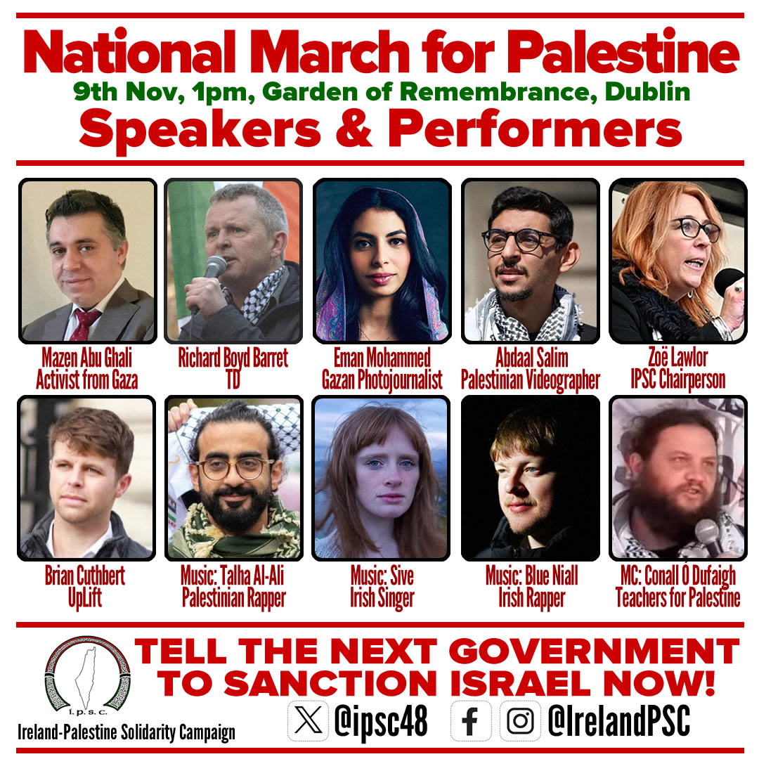 ipsc48's tweet photo. 🇵🇸 The speakers and performers for our National March for Palestine on Saturday. Join us in outrage and protest at apartheid Israel’s genocide, in solidarity with our Palestinian sisters and brothers and to demand sanctions now. #FreePalestine #SolidarityIsAVerb 🇵🇸 https://t.co/uiI9V1rY6L
