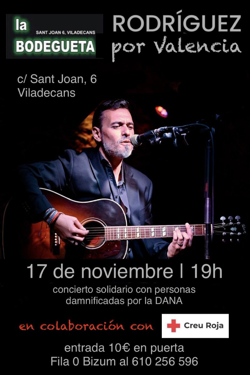 rguez_musica's tweet photo. ‼️VILADECANS‼️ la Bodegueta y este que os escribe nos hemos puesto de acuerdo para organizar este concierto solidario con los damnificados de la DANA en VALENCIA, el 17/11 a las 19h. 

Recaudación íntegra de entradas y barra para Cruz Roja, en colaboración con @CRViladecans https://t.co/4AQcgGppV3