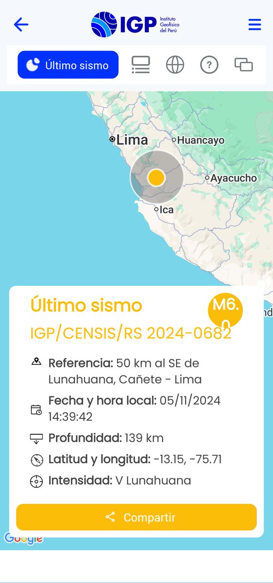 *REPORTE SÍSMICO*
IGP/CENSIS/RS 2024-0682
Fecha y hora local: 05/11/2024 14:39:42
Magnitud: 6.0
Profundidad: 139 km
Latitud: -13.15
Longitud: -75.71
Intensidad: V Lunahuana
Referencia: 50 km al SE de Lunahuana, Cañete - Lima