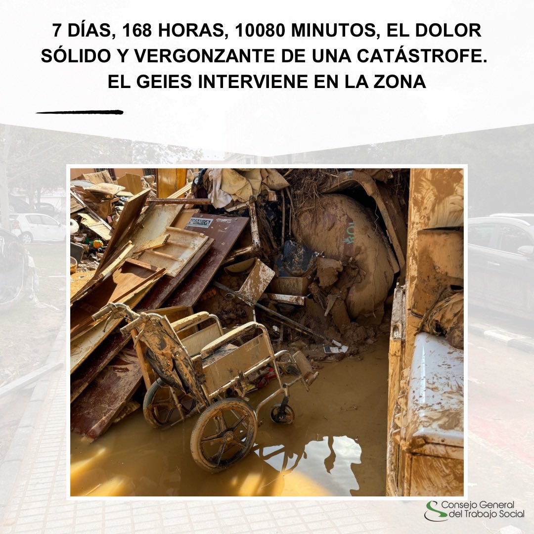 cgtrabajosocial's tweet photo. 7 días, 168 horas, 10080 minutos . El dolor sólido y vergonzante de una catástrofe. 
El GEIES está activo desde el inicio, actuando en la zona desde el pasado viernes y a disposición del @COTSvalencia y de los Servicios Sociales de los municipios. https://t.co/YeZkW5HiPl