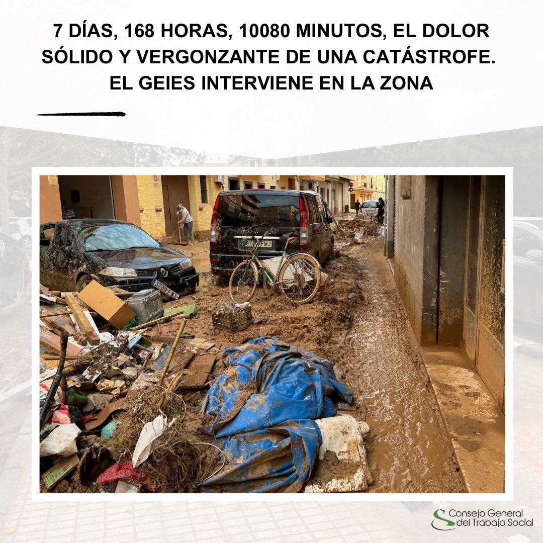cgtrabajosocial's tweet photo. 7 días, 168 horas, 10080 minutos . El dolor sólido y vergonzante de una catástrofe. 
El GEIES está activo desde el inicio, actuando en la zona desde el pasado viernes y a disposición del @COTSvalencia y de los Servicios Sociales de los municipios. https://t.co/YeZkW5HiPl