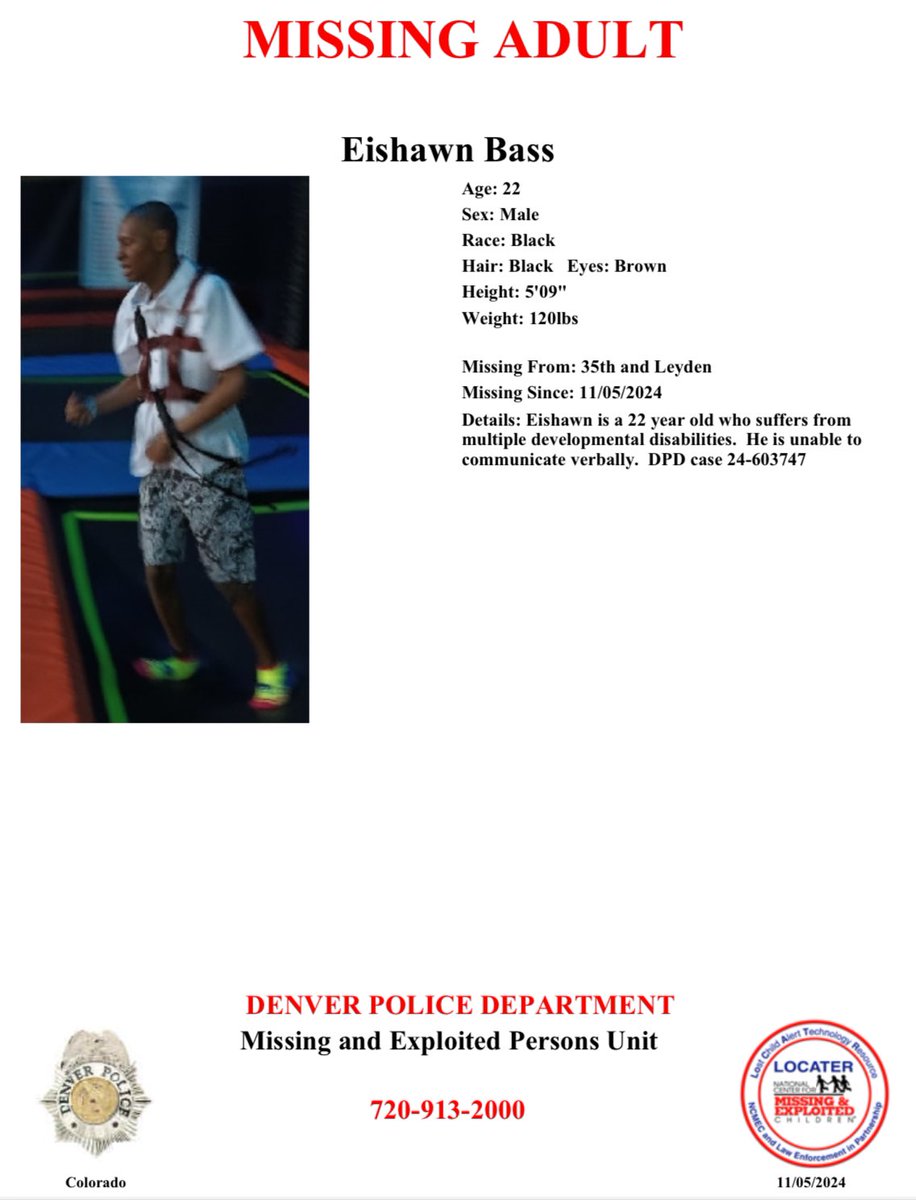 DenverPolice's tweet photo. #MissingPerson - PLZ REPOST: #Denver, can you help us find Eishawn Bass? Eishawn was last seen in the area of 35th &amp; Leyden. If you see him or know his whereabouts, please call 720-913-2000. https://t.co/P3r5geabZN