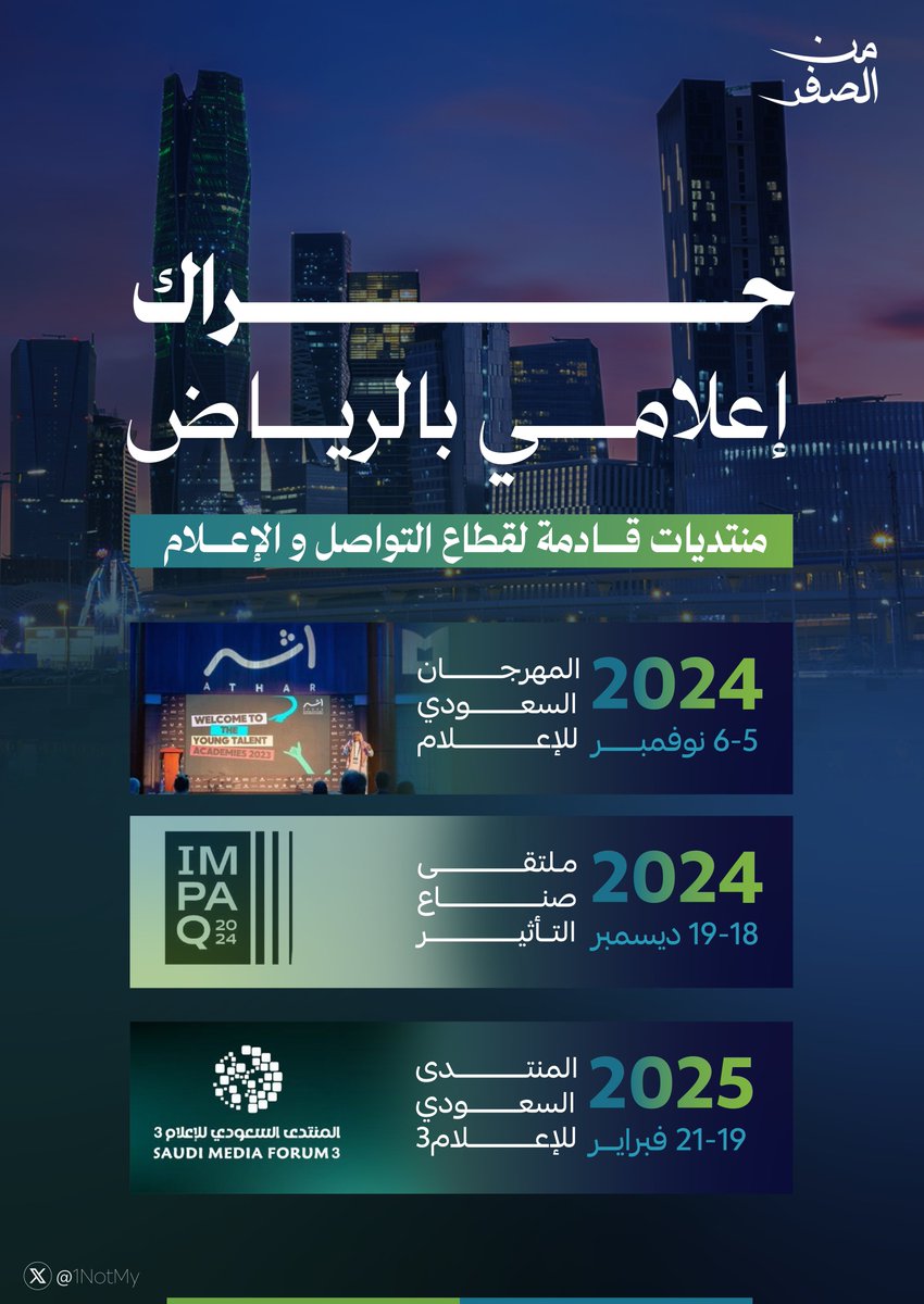 1NotMy's tweet photo. إلهام مستمرٌ، الرياض تصنع الأحداث🇸🇦!

بتنوع المحتوى السعودي وثقافة التواصل، ملتقيات استراتيجية تعزز الاتصال، لتبرز القوة الإعلامية الناعمة للمملكة بدعم القيادة الرشيدة 🇸🇦.
#من_الصفر https://t.co/D576fktmbd