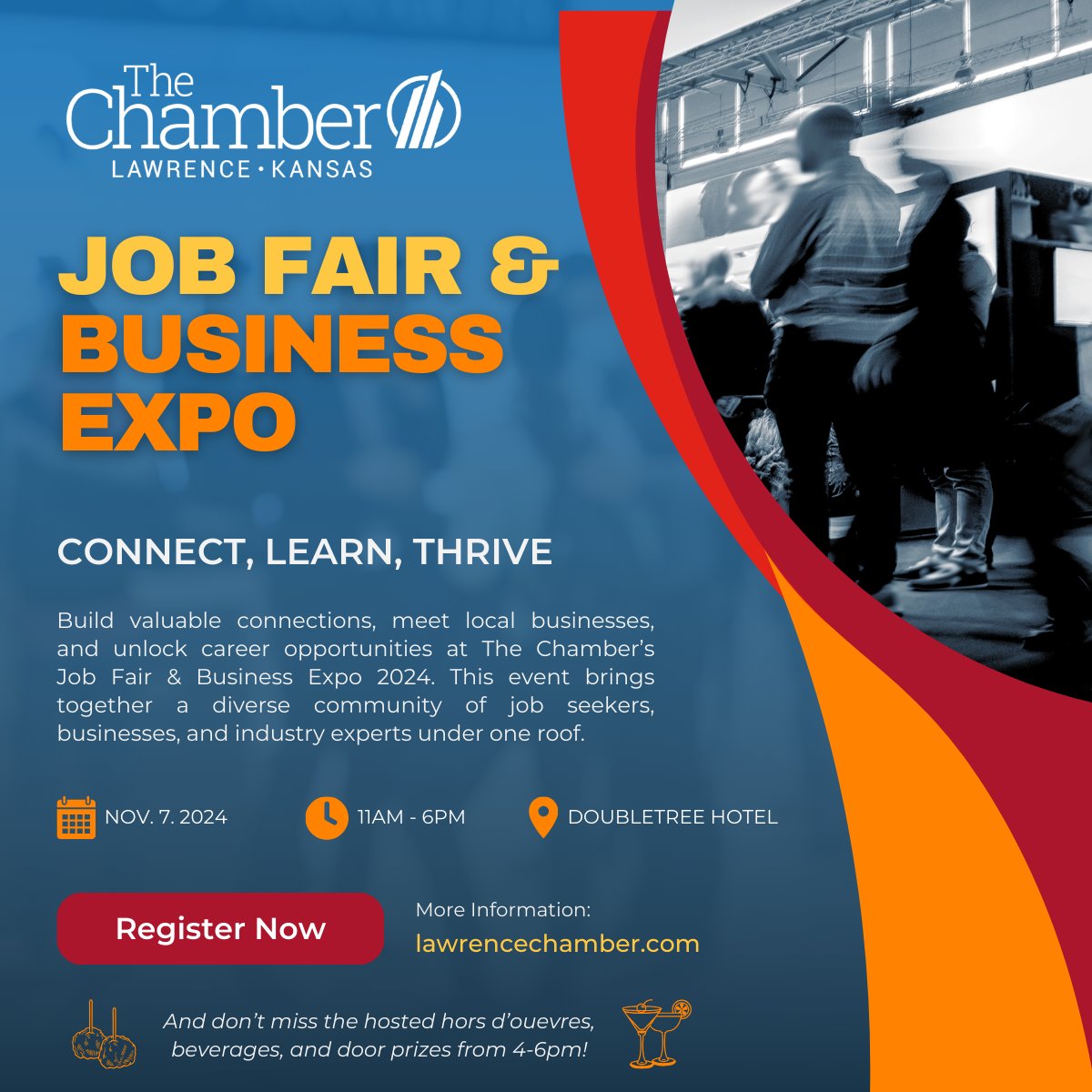 Join us Thursday, November 7th, for our annual Job Fair and Business Expo. Looking for a job, or to connect with businesses here in Lawrence? We've got it covered! 

* Thursday, Nov 7th
* 11am - 6pm
* DoubleTree Hotel

More info: lnkd.in/e6hgMB5x