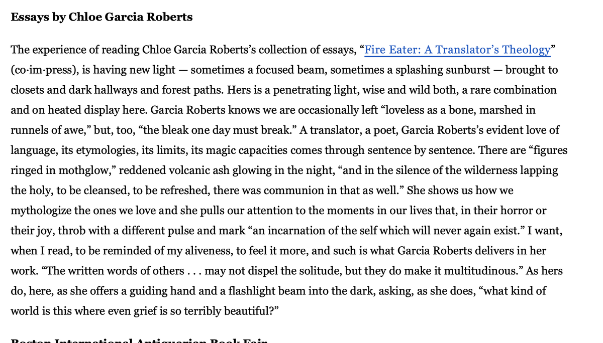 co•im•press (@coimpress) on Twitter photo Nina MacLaughlin reviews Fire Eater: A Translator's Theology by Chloe Garcia Roberts in the <a href="/BostonGlobe/">The Boston Globe</a>. bostonglobe.com/2024/10/30/art… Nina MacLaughlin reviews Fire Eater: A Translator's Theology by Chloe Garcia Roberts in the <a href="/BostonGlobe/">The Boston Globe</a>. bostonglobe.com/2024/10/30/art…