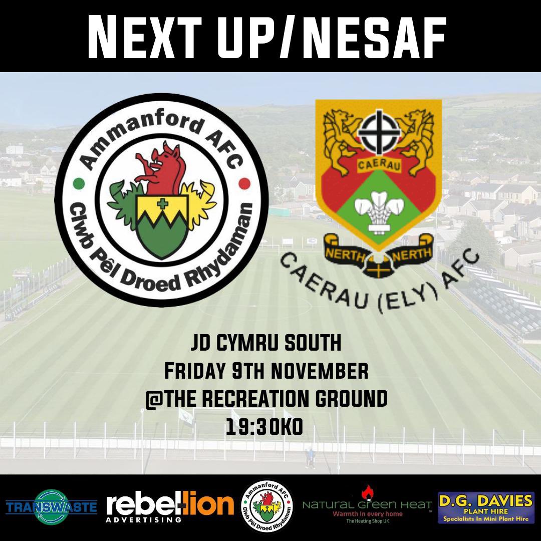 AmmanfordAFC's tweet image. 🚨‼️Next up/Nesaf‼️🚨

Back at Home this Friday as we host @CaerauElyFC in the JD Cymru South. 

The Young Guns sit just two points behind us in the table.

Kick off is at 19:30

#TheTownAsOne #EinTref