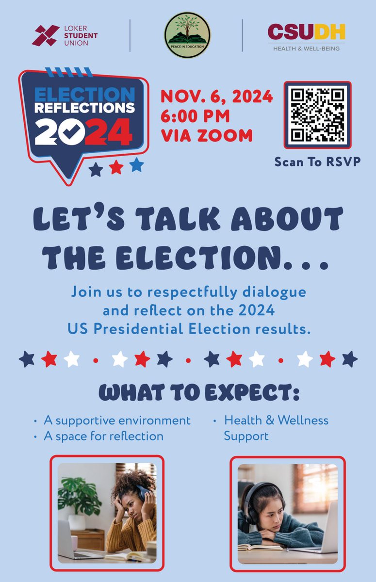 PceNEducation's tweet photo. It’s Election Day! Scan the QR code to RSVP for an election reflection dialogue. It will be held on zoom tomorrow, November 6th at 6:00 PM. 

#2024election #election #reflection #dialogue #peaceineducation https://t.co/VOJzQUyaQ9