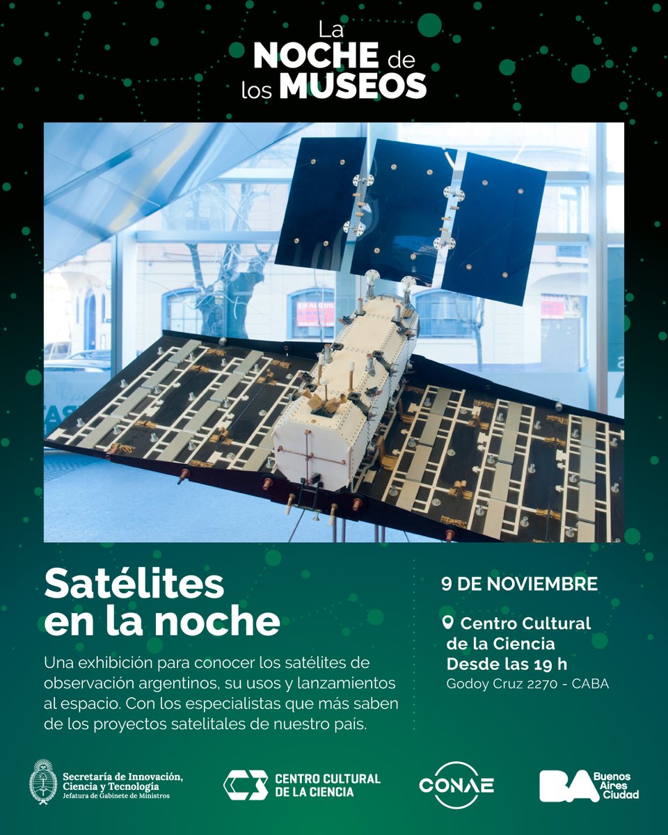 CONAE_Oficial's tweet photo. 🚀 Satélites en la Noche 🚀

Sumate a esta exhibición única en el @ccdelaciencia y descubrí el trabajo de Argentina en el espacio. De la mano de especialistas de la CONAE, reviví el emocionante lanzamiento del satélite SAOCOM 1B, realizado en condiciones climáticas extremas. 

⬇️ https://t.co/FZVLmlc65L