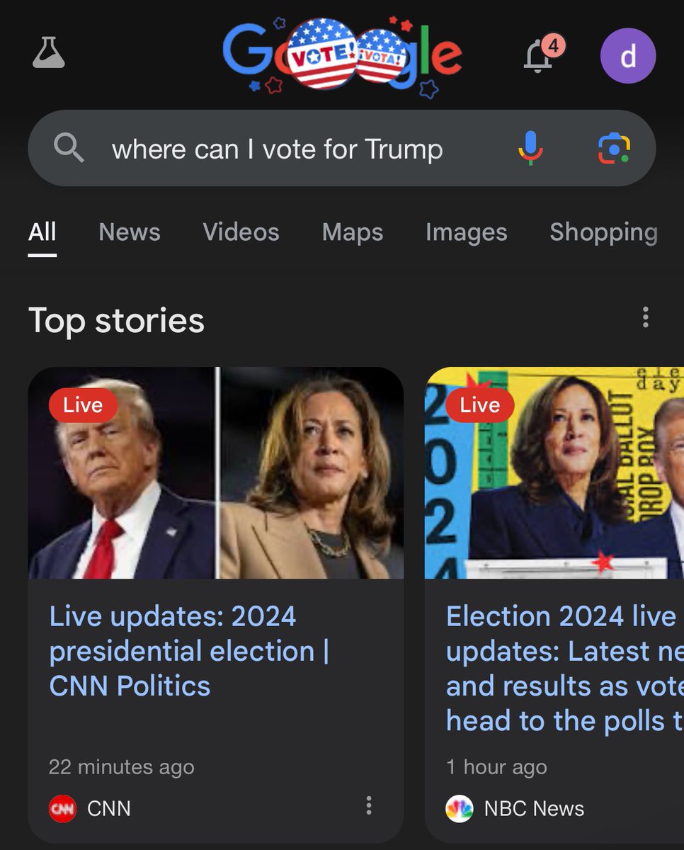 3orovik's tweet photo. GOOGLE IS CENSORING TRUMP

I just googled: “where can I vote for Trump” and nothing pops up

When I google the same about Kamala, it shows me a box where I can input my address to find a polling location

This is election interference https://t.co/83WioTCcXr