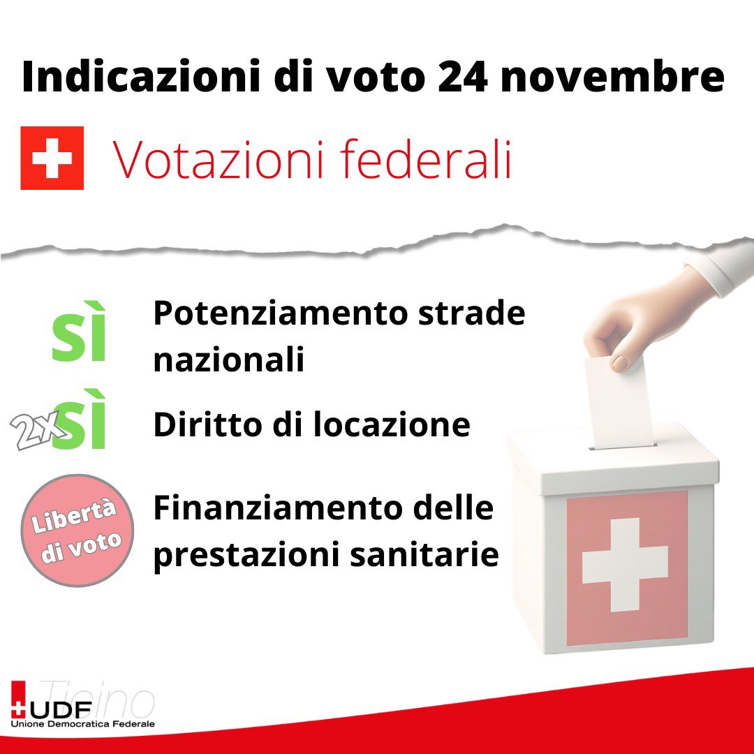 UDFTicino's tweet photo. ✅ INDICAZIONI DI VOTO PER IL 24 novembre

🗣️ Ecco le raccomandazioni di UDF Ticino.

#UDF #Ticino #votazioni #Svizzera https://t.co/FtO4EqEAab