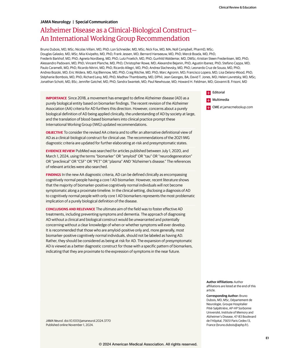 International Working Group suggests biomarker positive cognitively normal individuals should not be diagnosed as having Alzheimer disease and instead are at-risk. ja.ma/40zQ86e #CTAD24