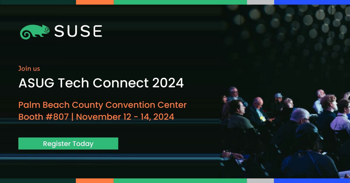 SUSE's tweet image. 📣 Going to ASUG Tech Connect? ✅ Stop by the SUSE booth #807 to connect with one of our experts on-hand who can demonstrate SUSE/SAP solutions & discuss your current or planned #SUSELinux for SAP S/4HANA environments. 🔗 Register here: okt.to/VoukIc