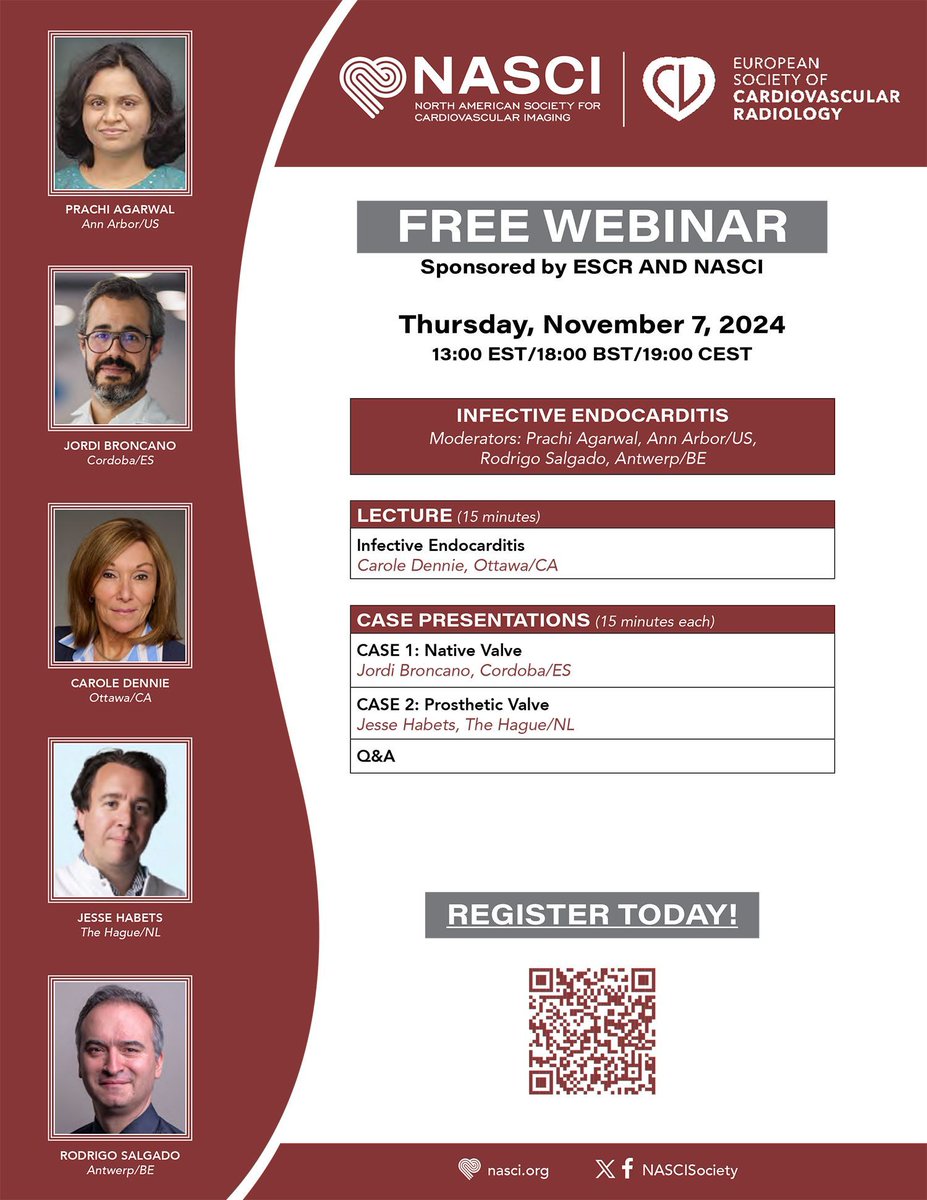 Don't forget to register for the ESCR-NASCI Joint Webinar on Infective Endocarditis! This Thursday, November 7. This webinar is FREE to attend, but registration is required.

Click the link or scan the QR code to register!

Learn More + Register:buff.ly/3CfSMDS 

#NASCI