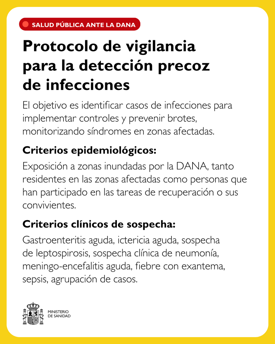 Uno de los retos que tenemos ahora es prevenir y detectar precozmente posibles infecciones relacionadas con los daños de la DANA.

Hoy hemos aprobado el protocolo de vigilancia dirigido a profesionales.

🔸️Lo primero, definir qué casos hemos de identificar.