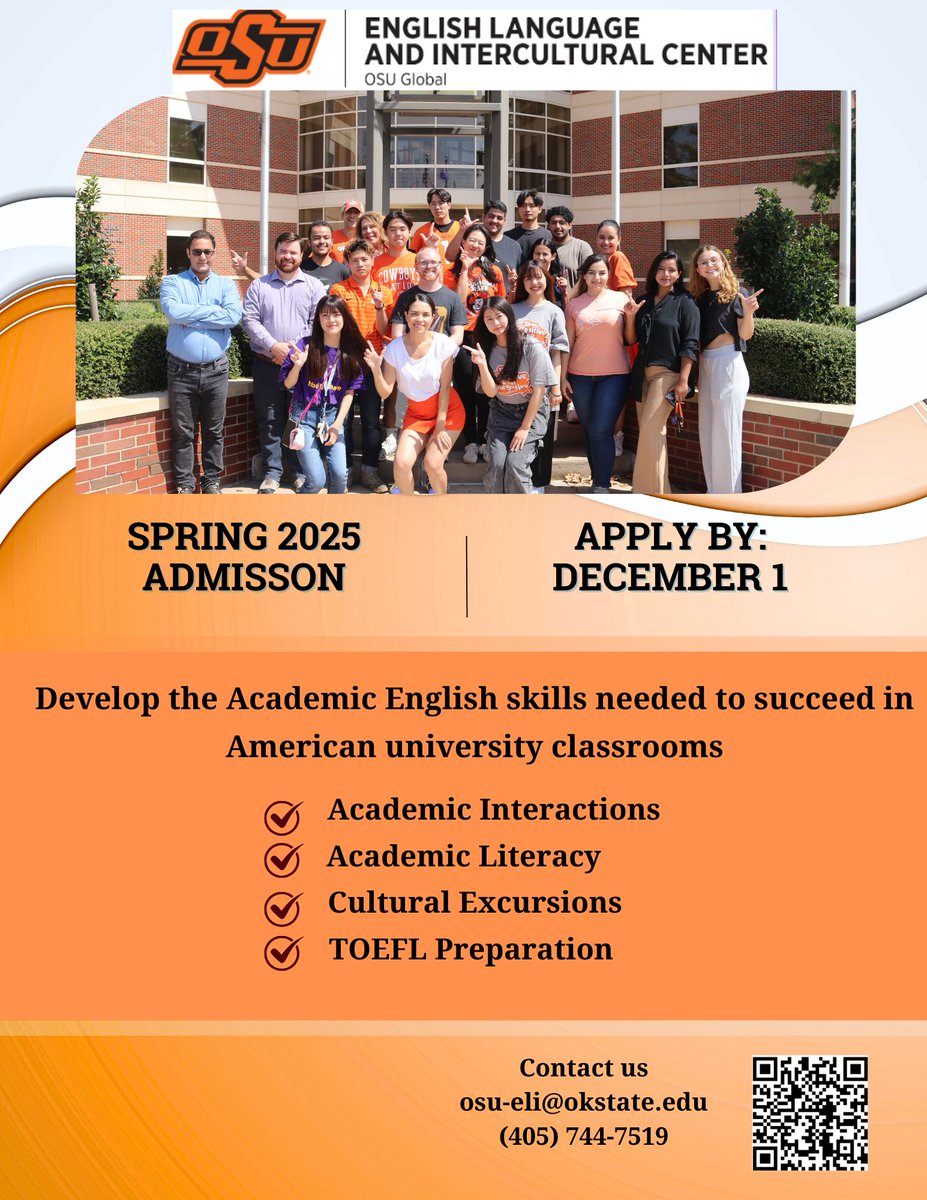 Spring 2025 English Language classes at Oklahoma State University are now open!
Application form link: okstate.az1.qualtrics.com/.../SV_7arcBPR…