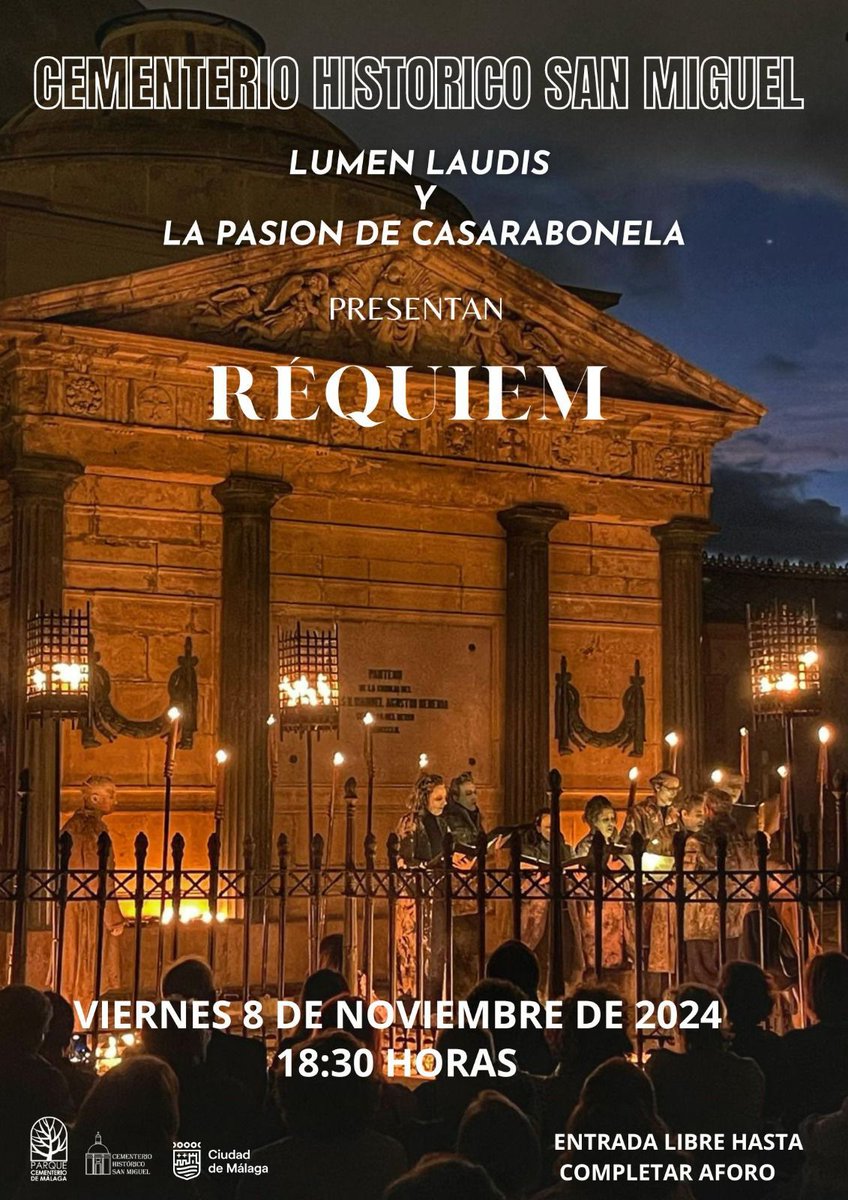 Este próximo viernes 8 representamos #Requiem con #LaPasiondeCasarabonela en el <a href="/mlgcsanmiguel/">cementeriosanmiguel</a>, con entrada libre hasta completar aforo.