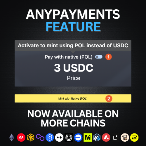 NFTs2Me's tweet image. We’ve enhanced our Anypayments feature and expanded it to more chains.

🎉 Now available on these mainnets:
Ethereum, OP Mainnet, BNB Chain, Polygon, Fantom, zkSync, Mantle, Base, Mode, Arbitrum, Avalanche, Linea, Blast and Scroll.

Pay with native, receive ERC-20!