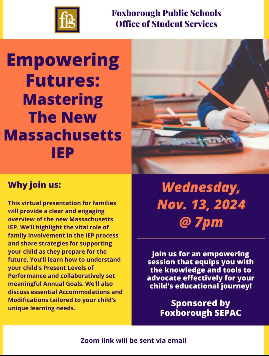 Cory Mikolazyk (@cmikolazyk) on Twitter photo We’ve got two upcoming events you won’t want to miss: ‘Coffee & Conversation with Cory’—a relaxed chat on what matters most to you, and an in-depth session on the new Massachusetts IEP. Stay connected and informed. <a href="/FoxboroughPS/">FoxboroughPS</a> We’ve got two upcoming events you won’t want to miss: ‘Coffee & Conversation with Cory’—a relaxed chat on what matters most to you, and an in-depth session on the new Massachusetts IEP. Stay connected and informed. <a href="/FoxboroughPS/">FoxboroughPS</a>