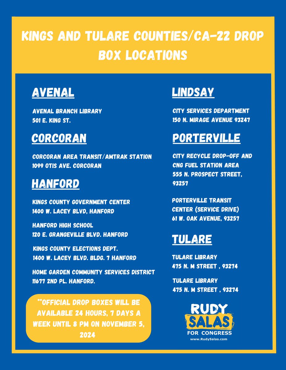 Election Day is Today! You can drop your ballot at any drop box location across #CA22 until 8:00 PM.