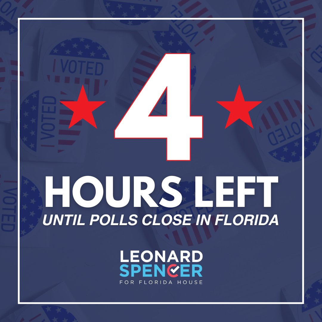 Spencer4Florida's tweet photo. Only FOUR hours left to make your voices heard! Polls are open until 7 p.m. today. Get out there and vote!
#VoteToday #PollsOpen #ElectionDay https://t.co/eEjxH2nLiJ