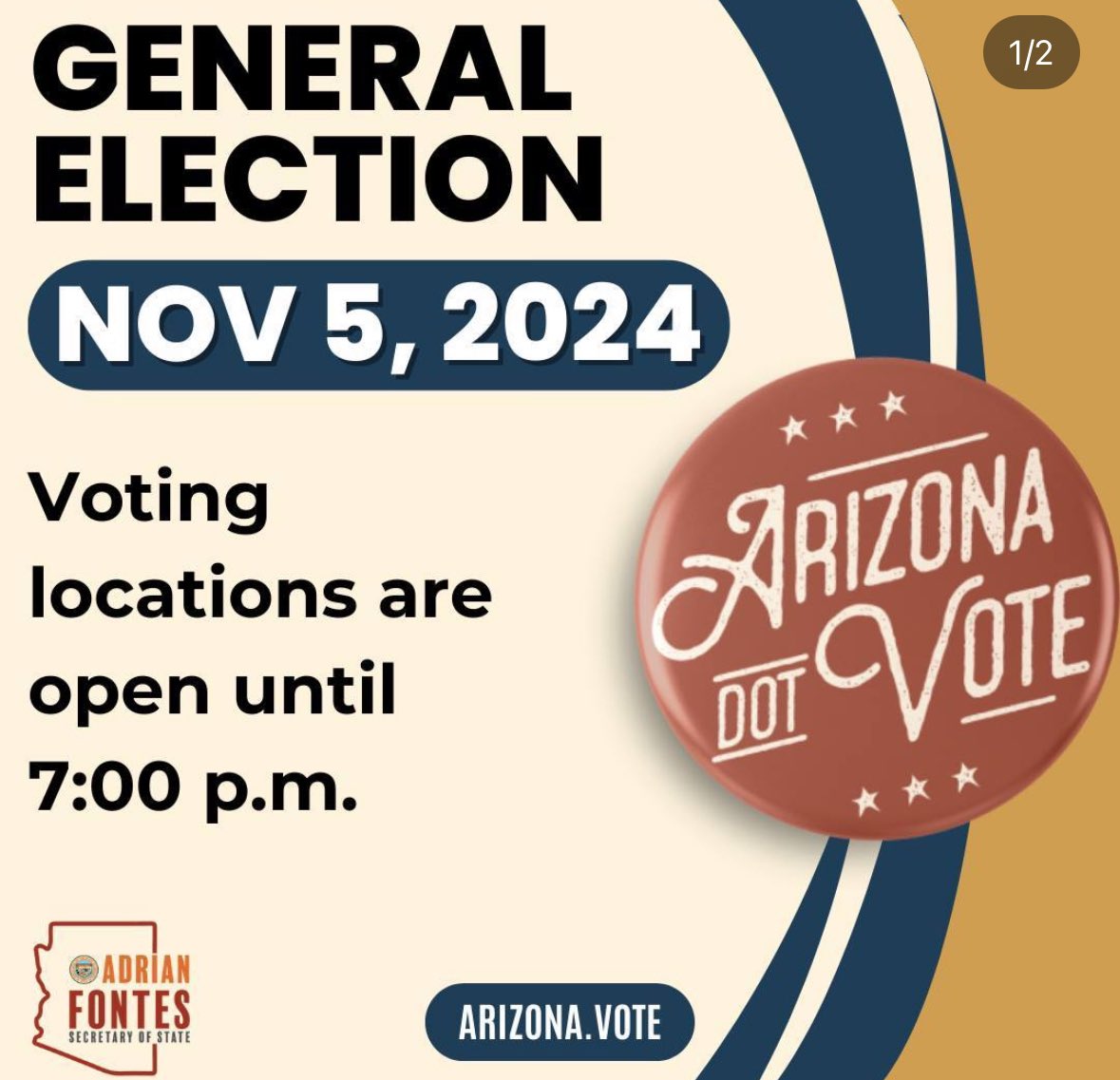 🚨 Arizona, polls close at 7pm tonight. If you’re in line at 7pm🕖, stay in line! You’re allowed to vote 🗳️ as long as you’re in line by 7pm. Find a polling location or track your ballot at Arizona.vote! #Vote #SocialWorkersVote #Vote2024