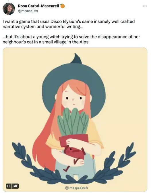 SometimesBilly's tweet image. I want someone to do this, but keep the exact same psyche/skill system from Disco Elysium. 

This witch just getting constantly sidetracked by Elctro-chemistry trying to get her to try meth, or Authority convincing her to fireball someone for questioning her witch credentials