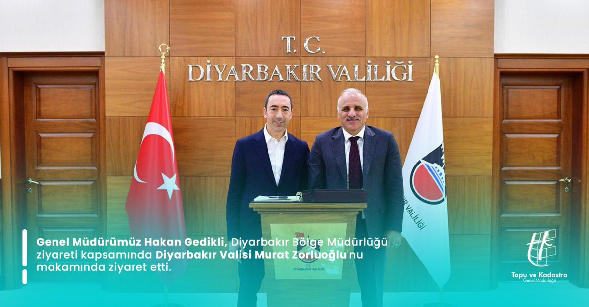 tkgmgovtr's tweet photo. Genel Müdürümüz Hakan Gedikli  Diyarbakır Valisi Murat Zorluoğlu'nu makamında ziyaret etti. Bölgedeki çalışmalarla ilgili karşılıklı fikir alışverişinde bulunuldu. Sayın valimize misafirperverliği için teşekkürlerimizi sunarız. #tapukadasto #diyarbakır https://t.co/NWiQ790iV2