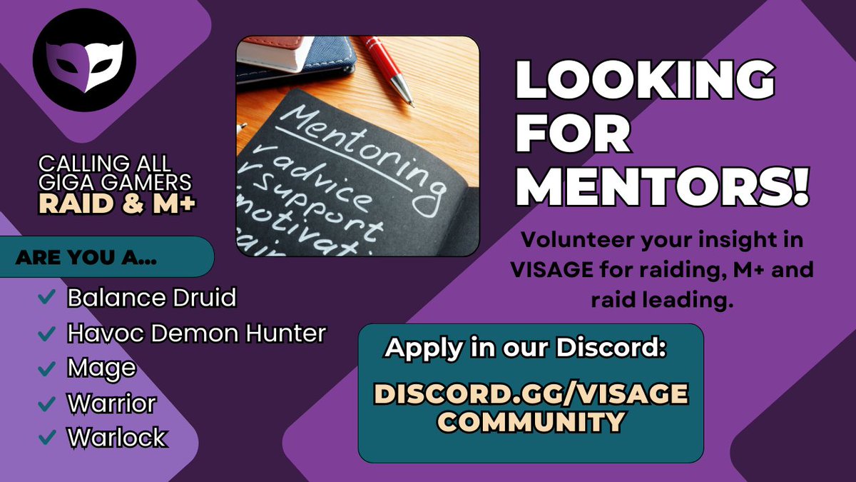 VISAGE's Mentorship Program elevates women &amp; gender minorities seeking to improve in WoW. We have many mentees looking for a mentor but need your help  to get them leveled up. ✨💪

💜If you're looking to make a positive impact, join discord.gg/visagecommunity for more info!