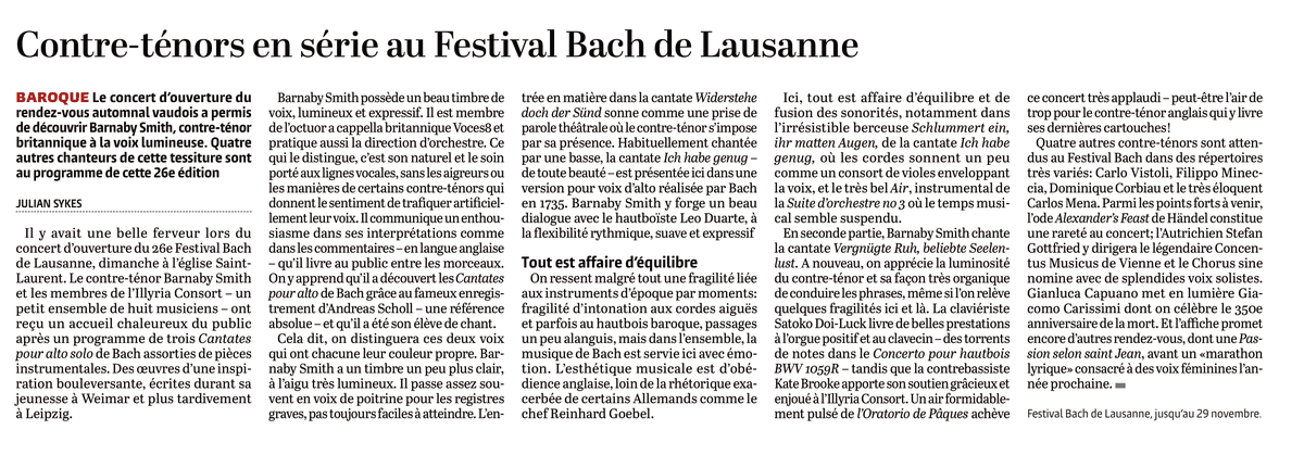 BachLausanne's tweet photo. Article dans Le Temps du 5 novembre 🗞️🎶

Un grand merci à Julian Sykes pour cet article brillant sur l’ouverture de notre festival, un concert exceptionnel qui a eu lieu dimanche dernier avec le contre-ténor Barnaby Smith ! https://t.co/sMr9la6qU8