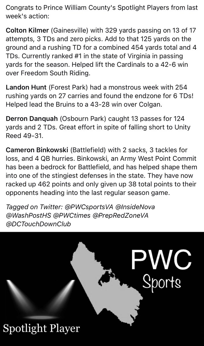 Congrats to Prince William County’s Spotlight Players from last week’s games <a href="/KilmerColton/">Colton Kilmer (2025)</a> <a href="/LandonHuntRb5/">Landon Hunt</a> @derrondanquah27 <a href="/CameronBinkows1/">Cameron Binkowski</a>