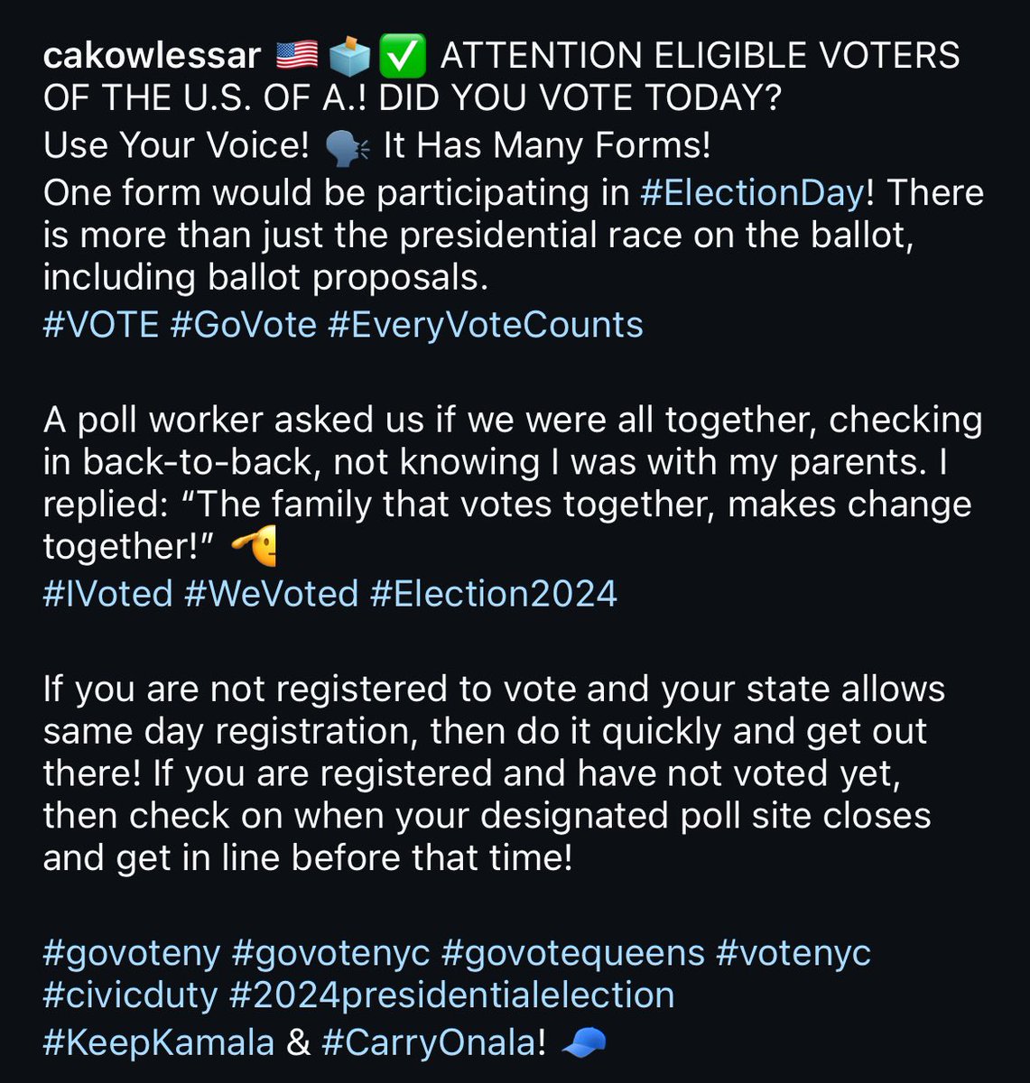 CAKowlessar's tweet image. #govoteny #govotenyc #govotequeens #votenyc #civicduty #2024presidentialelection 
#KeepKamala &amp;amp; #CarryOnala! 🧢