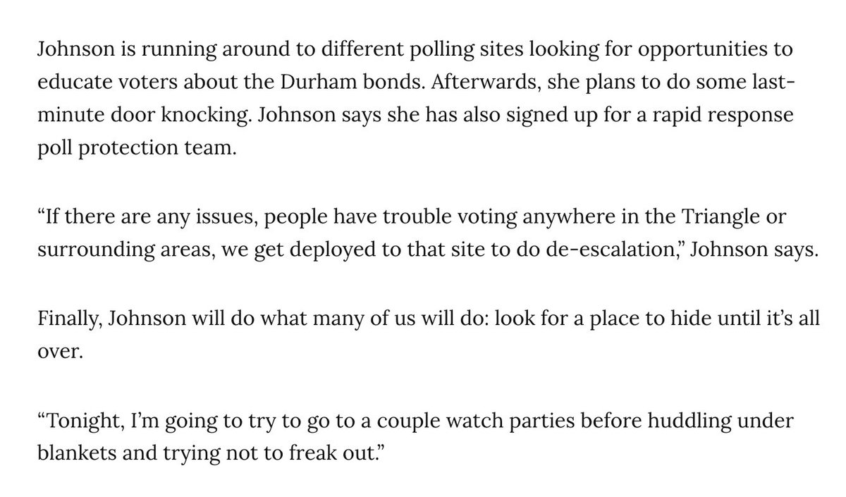 INDY reporters are checking in at polling sites across the Triangle. Here's <a href="/justinmlaidlaw/">Justin</a> in Durham, talking to former city council member Jillian Johnson:
