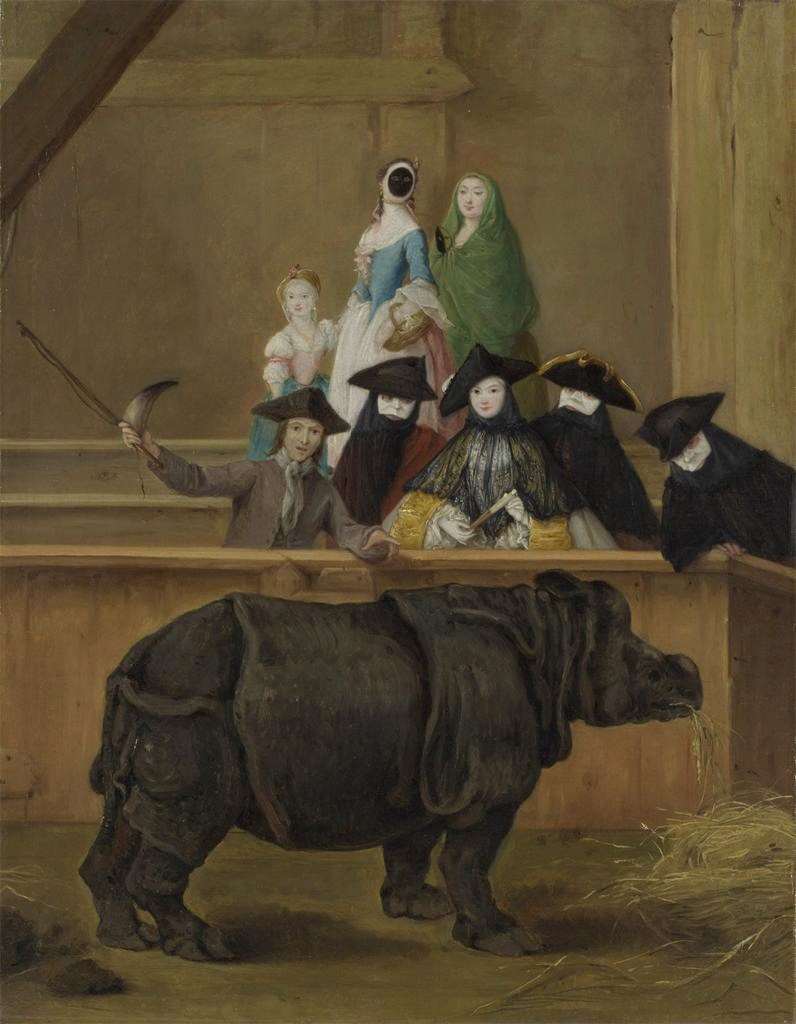 PP_Rubens's tweet image. Clara the rhinoceros, put on display (to a lot of masked people) in Venice in 1751 and immortalized by Pietro Longhi, born on this day 1701.