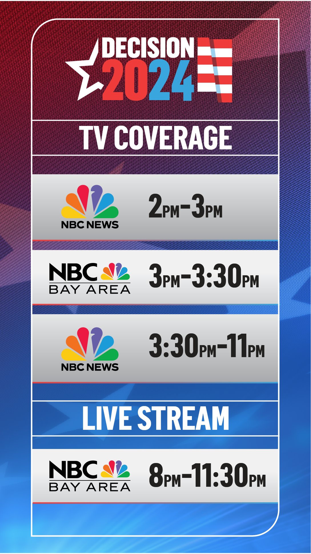 NBC Bay Area on X Get the election coverage that matters to you. National California and Bay Area races. Tune in to NBC Bay Area Telemundo 48 online wherever you stream