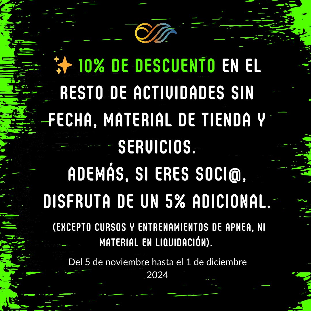Black Friday llega a Marepolis con una ola de descuentos:

✨ 15% en actividades programadas hasta el 1 de diciembre.

✨ 10% en el resto de actividades sin fecha, productos y servicios, socios 5% adicional.
 (Excepto actividades de apnea, ni material en liquidación).