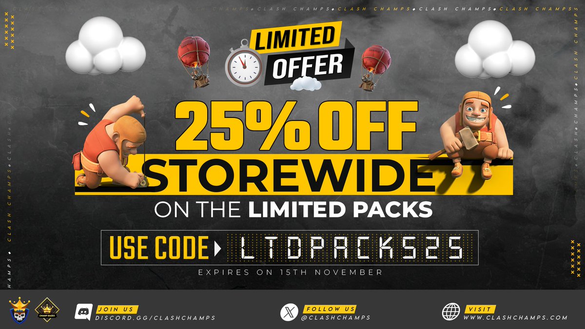 ClashChamps's tweet image. 🔥 Limited Offer Alert! 🔥

Get 25% OFF on all Limited Packs! Use code: LtdPacks25 at checkout. 

Don’t miss out on this exclusive deal – offer ends November 15th! 👉 clashchamps.com