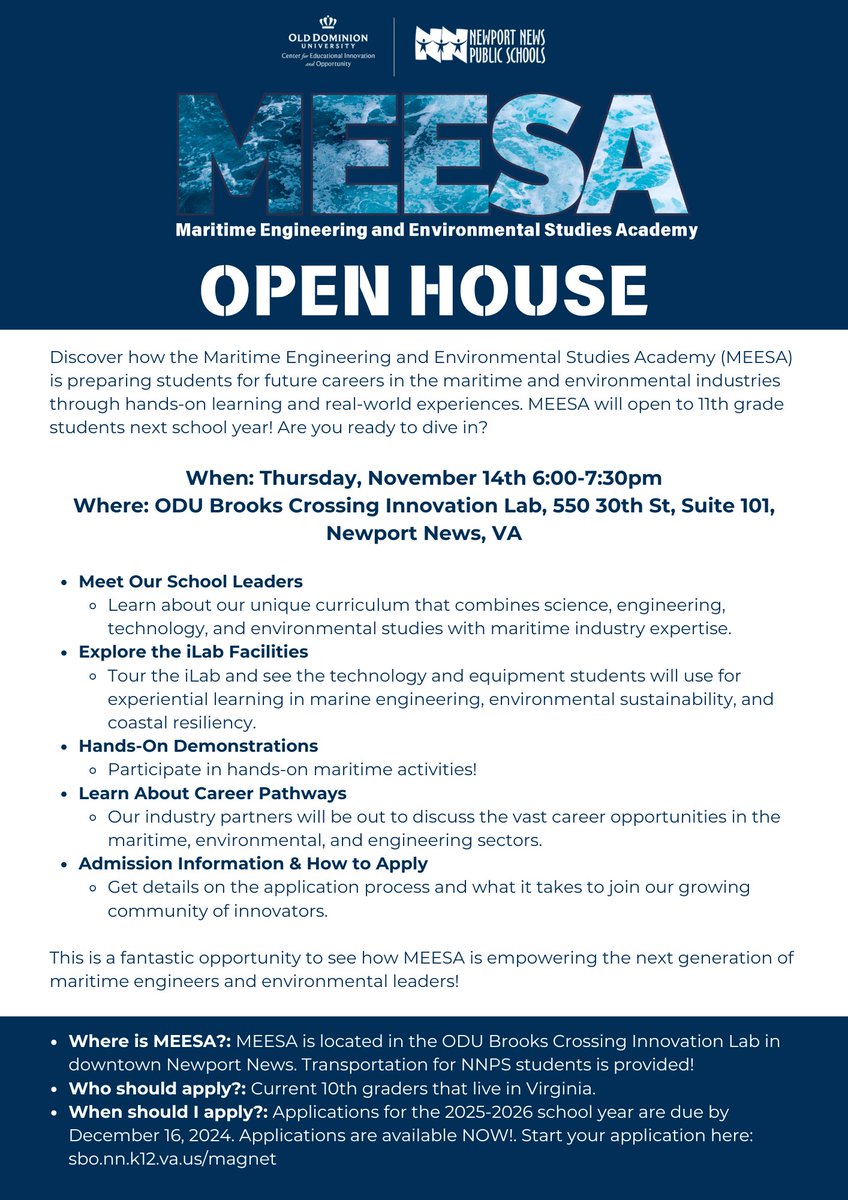 🌊🚢 Join us for the MEESA Open House! 🌿⚓ Explore maritime engineering &amp; environmental studies with hands-on demos and career insights!
📅 Nov 14
⏰ 6-7:30 PM
📍 ODU Brooks Crossing Innovation Lab, Newport News, VA
Don’t miss it! #MEESA #STEM #OpenHouse #MaritimeCareers