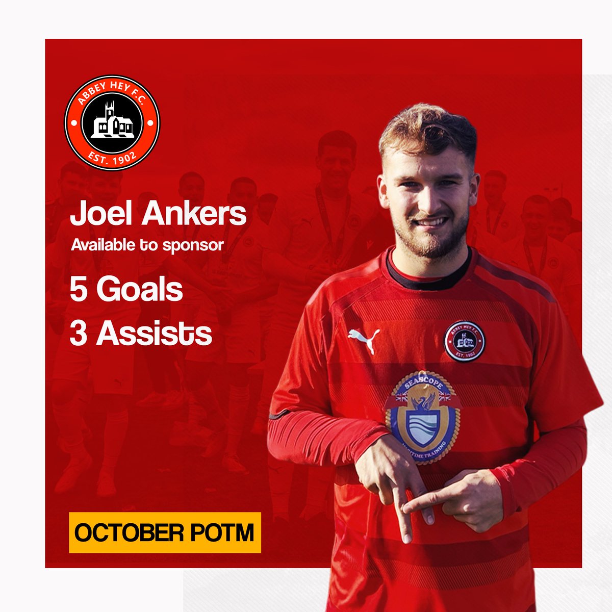 Abbey Hey FC (@abbeyheyfc) on Twitter photo Introducing your October Player of The Month… 🥁
What a first month for <a href="/joelankers29/">Joel Ankers</a> and in his first three weeks at the club he has managed to net 5 goals and assist 3.
Congrats Joel! Introducing your October Player of The Month… 🥁
What a first month for <a href="/joelankers29/">Joel Ankers</a> and in his first three weeks at the club he has managed to net 5 goals and assist 3.
Congrats Joel!