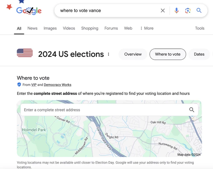 screenshot of search results for "where to vote vance" showing "where to vote" panel