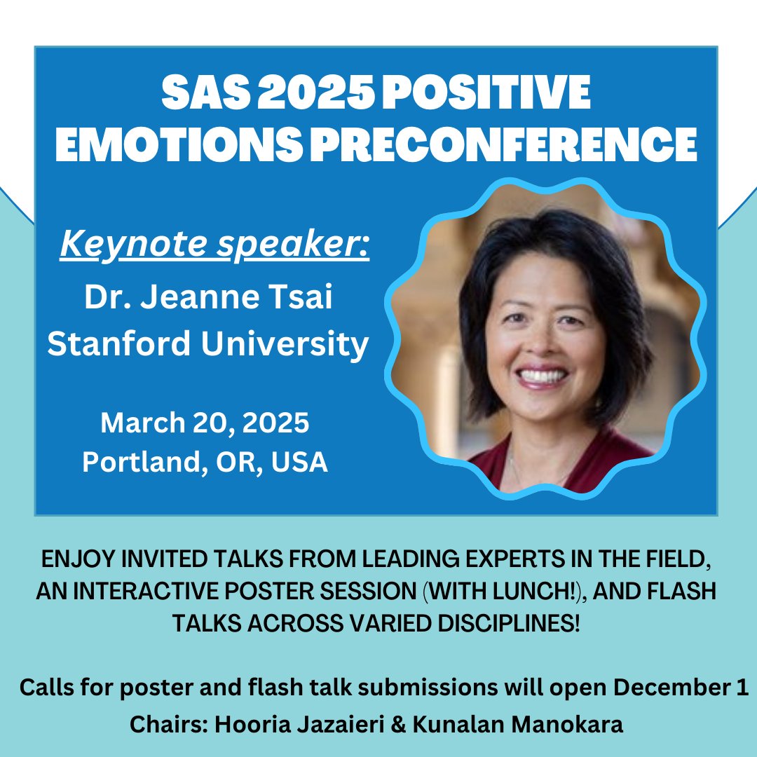 😊 Celebrate positive emotions in science! Join us in Portland, OR on March 20, 2025, for a day of breakthroughs: keynote by Prof. Jeanne Tsai, expert talks, flash talks, and posters (w/ lunch)! Submit your abstract in December for a chance to win Best Poster/Flash Talk! #SAS2025