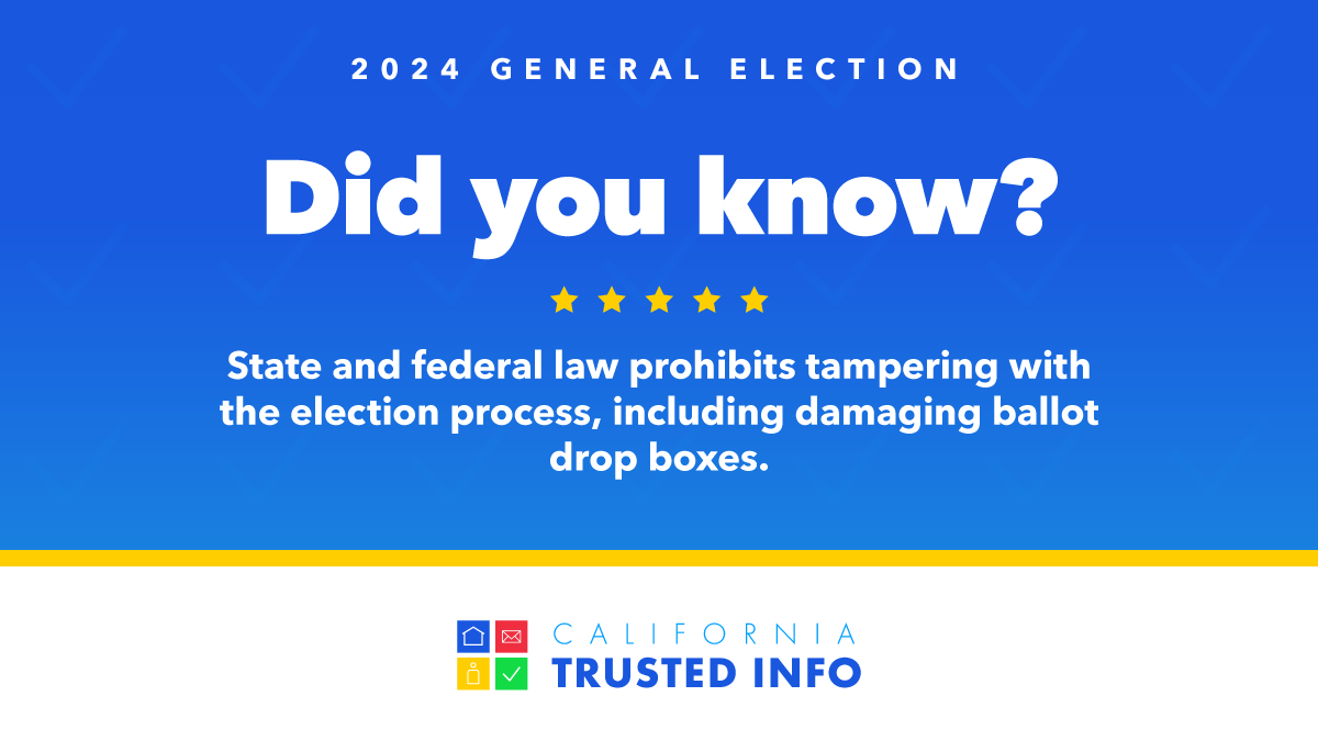 CASOSVote's tweet photo. State and federal law protects ballot drop boxes. Learn more at https://t.co/aQEPiCPaVd #CATrustedInfo2024 #VoteCalifornia #GeneralElection2024 #VoteCA #CaliforniaSOS #ShirleyNWeberPhD @NASS_org @CalCities @CSAC_Counties https://t.co/MFVgkOxTaN