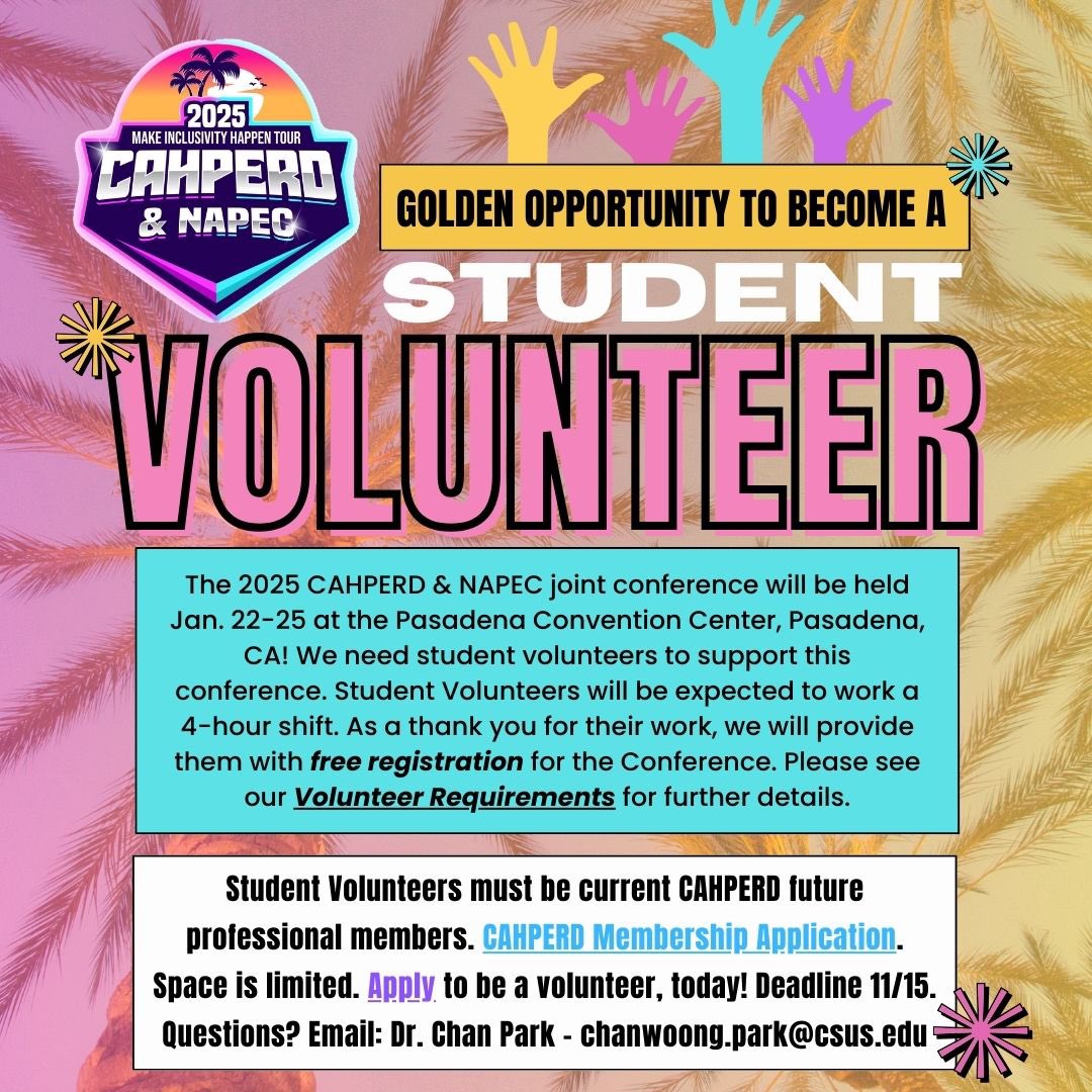 CAHPERD's tweet photo. We need student helpers for the 2025 CAHPERD/NAPEC conference and we want YOU to be part of it! 🎉

Get more details and apply through the link below 👇🏽 

https://t.co/q58BXcGkZD https://t.co/OOJyU2ph5t