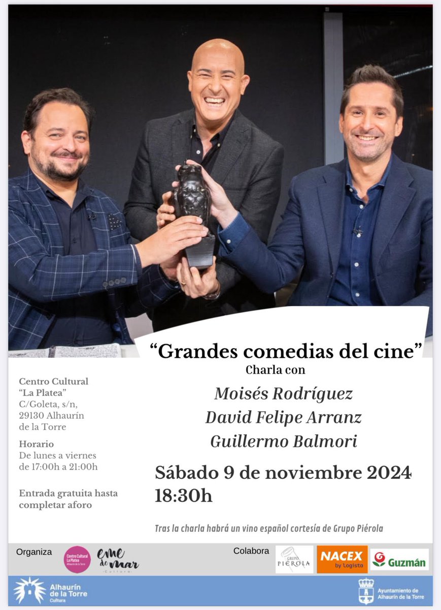 LA PLATEA (@laplatea_alh) on Twitter photo 🎬 Charla de cine con <a href="/moisestve/">Moisés Rodríguez</a> <a href="/dfarranz/">David Felipe Arranz</a> y <a href="/Notorious_Ed/">Notorious Ediciones</a>
📆 El sábado 9 de noviembre
⏰ 18:30h
📍Centro Cultural La Platea (C/Goleta, s/n, 29130 Alhaurín de la Torre.
Entrada libre hasta completar aforo 🎬 Charla de cine con <a href="/moisestve/">Moisés Rodríguez</a> <a href="/dfarranz/">David Felipe Arranz</a> y <a href="/Notorious_Ed/">Notorious Ediciones</a>
📆 El sábado 9 de noviembre
⏰ 18:30h
📍Centro Cultural La Platea (C/Goleta, s/n, 29130 Alhaurín de la Torre.
Entrada libre hasta completar aforo