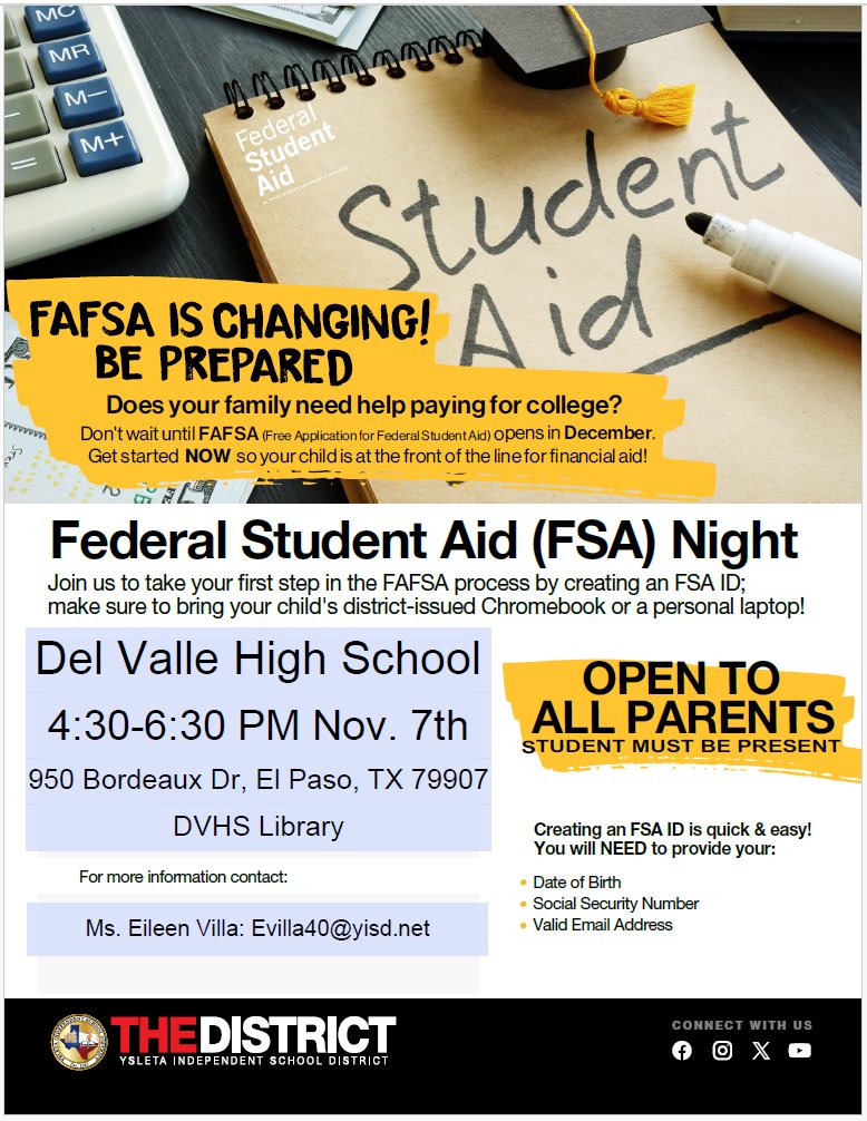 DrB_At_ARCIS's tweet photo. 💸 Attention Seniors and Parents! Join us for FSA ID Night this Thursday from 4:30-6:30 PM in the DVHS Library. 🎓 The FSA ID is required for your Financial Aid Application, so don’t miss this chance to get it done! #FSAID #FinancialAid #CollegeReady @DVHSYISD @VHairston_DVHS https://t.co/opbCU9ZHSs