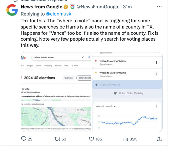Azi's tweet photo. Google explains to Elon Musk how search works https://t.co/kmoqhX8xBW