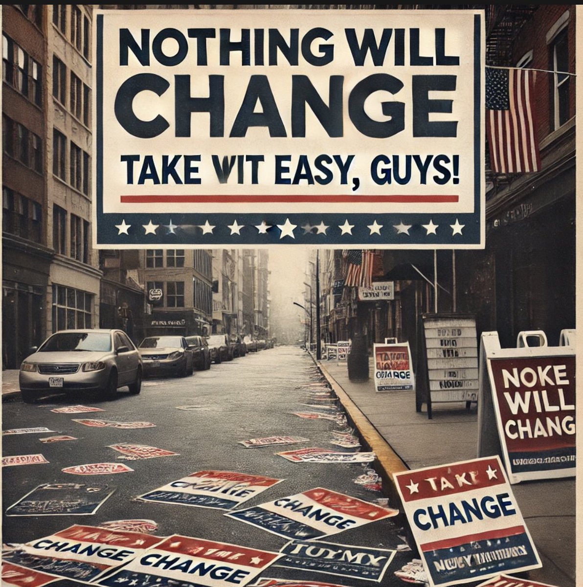 ArYanBoYY's tweet photo. I got curious and asked ChatGPT about the election results, hoping for some juicy insights. Instead, it sent me a picture with a calm city scene and the words: 'Nothing will change – take it easy, boy!' Guess even the AI knows when it’s all just talk!
#AI https://t.co/2agJ36kypS