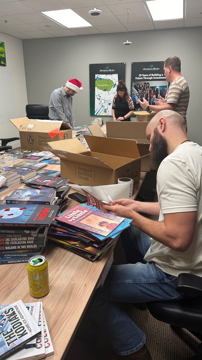 AthabascaBasin's tweet photo. Our favourite time of the year! Today we prepared 1500 books for Santa to deliver to kids in Athabasca communities. Thx to sponsors Flyer Electric, Team Drilling, Points Athabasca, Athabasca Basin Security, Long Lake Insurance, Arctic Beverages, and Optek Solutions.
#uranium https://t.co/C7m5IuL8KN